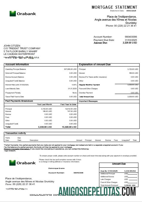 Extrato de hipoteca do Togo Orabank em formatos Word e PDF exemplo